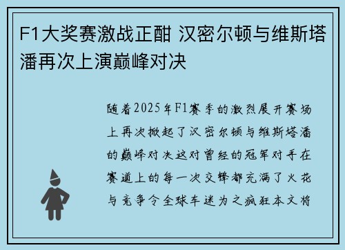F1大奖赛激战正酣 汉密尔顿与维斯塔潘再次上演巅峰对决