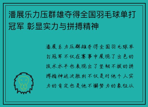 潘展乐力压群雄夺得全国羽毛球单打冠军 彰显实力与拼搏精神