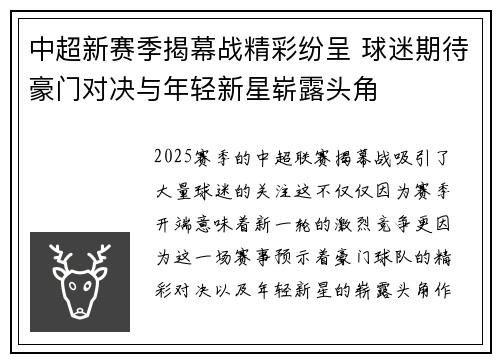中超新赛季揭幕战精彩纷呈 球迷期待豪门对决与年轻新星崭露头角