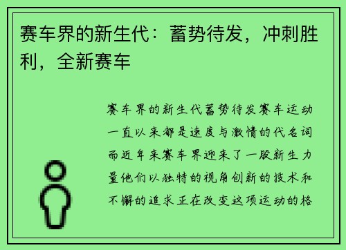 赛车界的新生代：蓄势待发，冲刺胜利，全新赛车