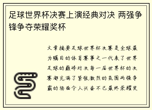 足球世界杯决赛上演经典对决 两强争锋争夺荣耀奖杯