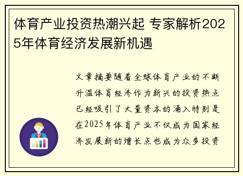 体育产业投资热潮兴起 专家解析2025年体育经济发展新机遇