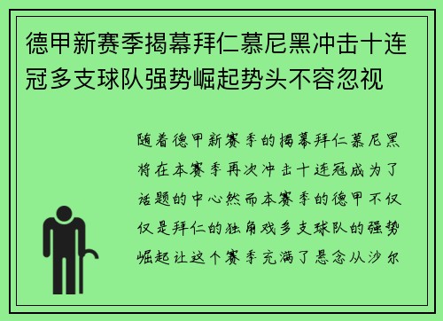 德甲新赛季揭幕拜仁慕尼黑冲击十连冠多支球队强势崛起势头不容忽视
